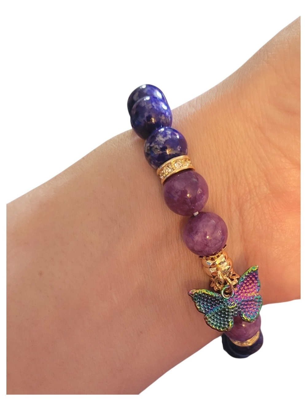 🥳4/$75!🥳 Gemstone Beaded Bracelet with a Rhinestone-Crusted Butterfly Charm